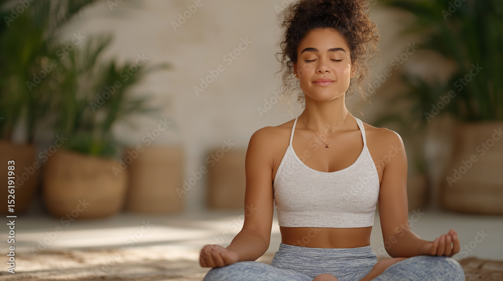 Naklejka premium Peaceful Mixed Race Woman Meditating in Yoga Class