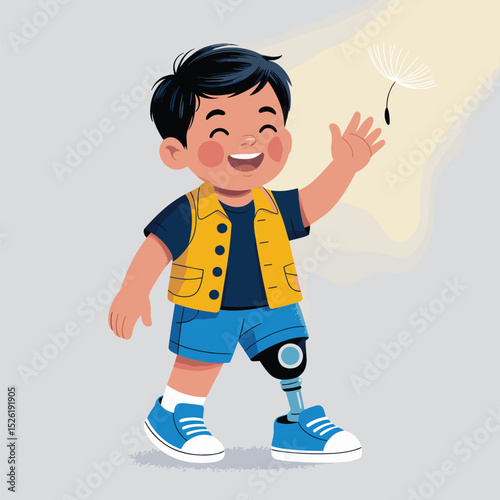 Smiling young boy with prosthetic leg and crutch standing proudly beside sunflower, inspirational cartoon illustration promoting disability inclusion and confidence
