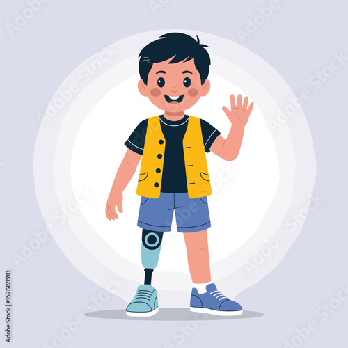 Smiling young boy with prosthetic leg and crutch standing proudly beside sunflower, inspirational cartoon illustration promoting disability inclusion and confidence
