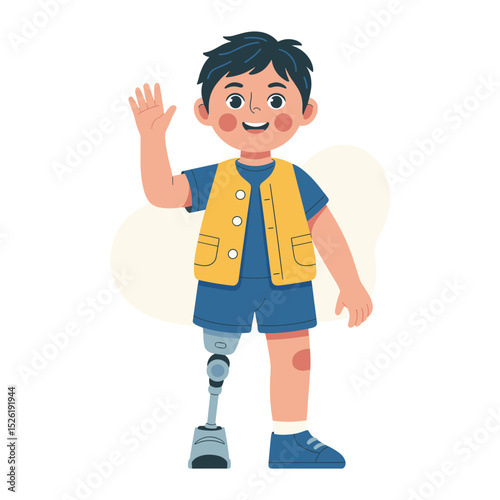 Smiling young boy with prosthetic leg and crutch standing proudly beside sunflower, inspirational cartoon illustration promoting disability inclusion and confidence
