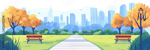 Modern city park with empty benches and pathway surrounded by autumn trees and urban skyline under clear sky vector illustration