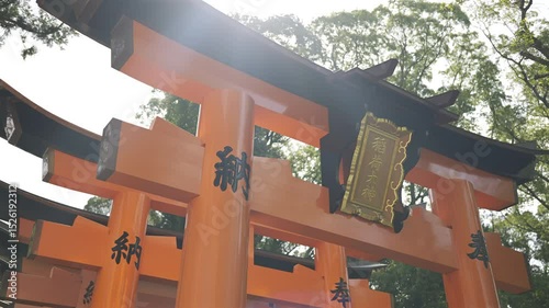 A striking orange torii gate stands tall among lush green trees, illuminated by sunlight. Text translation: ''Okami Shrine