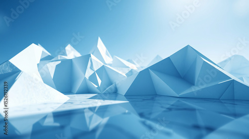Pristine low-poly iceberg shapes reflecting on calm water under bright blue sky in a serene and futuristic arctic minimalism style