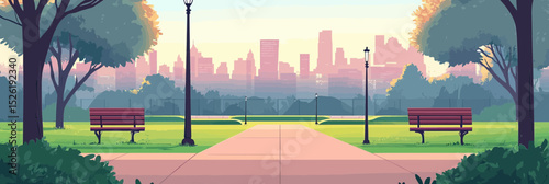 Urban park walkway with benches and lampposts surrounded by trees and city skyline in soft morning light flat vector illustration