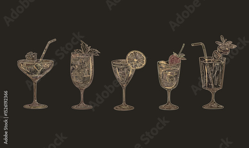 Set of five hand drawn cocktail glasses with straws and garnishes in minimalist sketch style on dark background for bar menu design and alcohol drinks illustration