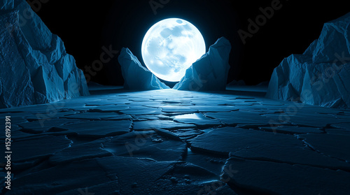 Mystical moonrise illuminating cracked frozen ground between icy peaks under a surreal midnight sky