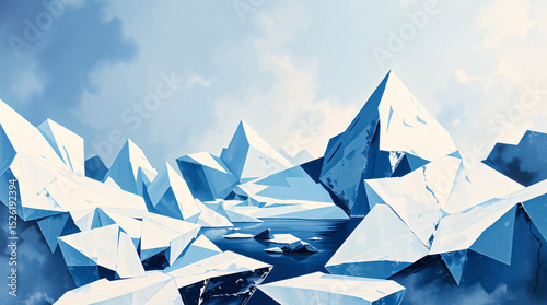 Low-poly icy mountains reflecting on frozen lake beneath soft winter light in a stylized fantasy world