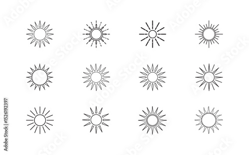 A set of twelve minimalist sun illustrations in a line art style, ideal for graphic designs, branding, or a conceptual art project