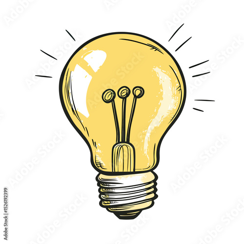 Hand drawn yellow light bulb sketch with glowing filament and metallic base, doodle style creative idea icon illustration for innovation concept design