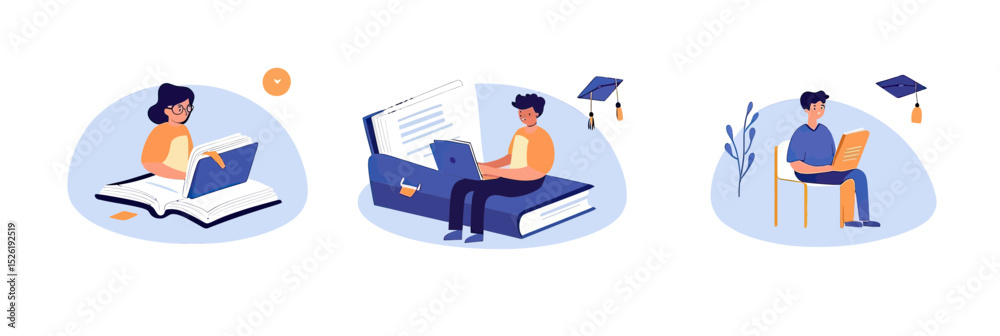 Fototapeta premium Students reading books studying online laptop education graduation caps learning knowledge concept flat vector illustration set