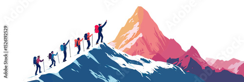 Group of hikers climbing snowy mountain ridge toward tall colorful peak with backpacks and trekking poles minimalist vector illustration