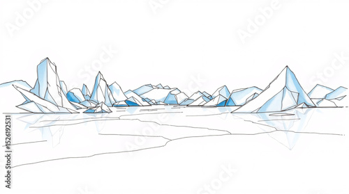 Minimalist line art of icy mountain peaks and frozen landscape with light blue shading accents on a clean white background
