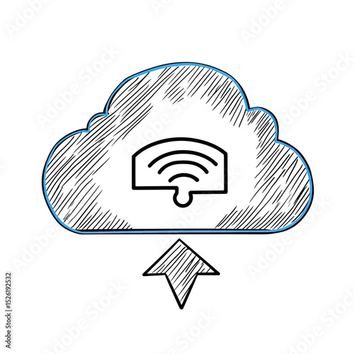 Hand drawn cloud upload icon with wireless signal symbol inside, sketch style vector illustration of internet data storage and wireless technology concept