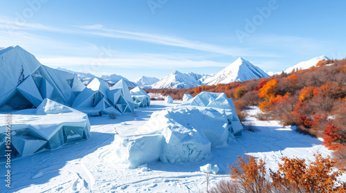 Autumn meets winter in a surreal landscape of geometric icy mountains and vibrant orange foliage under a bright blue sky