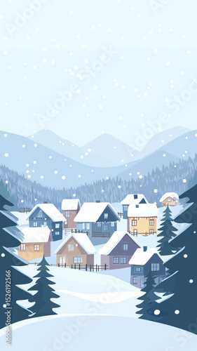 Snow-covered mountain village with cozy houses, pine trees, snowfall, winter landscape, and distant blue mountain range under clear sky in minimalist flat vector style