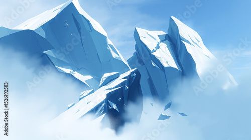 Towering icy peaks emerging through the silent veil of mist, capturing the serenity and mystery of a remote frozen world.
