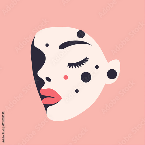 Minimalist flat vector illustration of female face with closed eyes, prominent lips, black spots and beauty marks on pink background for skincare or pimple patch concept