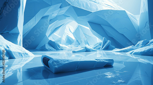 Inside an ethereal ice cave with mirror-like frozen water, jagged walls glowing in soft blue tones, evoking a quiet and surreal atmosphere.