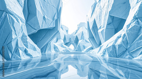 Towering crystalline ice structures rise in symmetrical elegance, mirrored flawlessly on a tranquil frozen lake beneath the pale arctic sky.