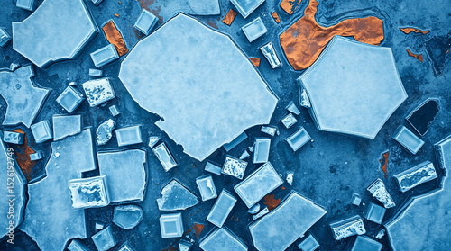 Frozen shards of abstract geometry scatter across the icy surface, creating a surreal mosaic of winter’s fractured stillness.