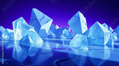 Crystalline shards rise from the frozen lake beneath a glowing violet sky, forming a surreal landscape of precision and tranquility in a world untouched by time.