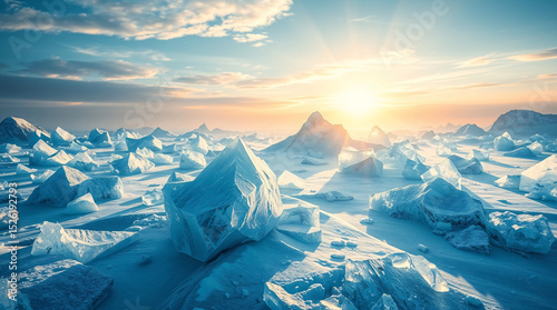Glacial field under the glowing sunrise, with scattered blue icebergs reflecting warm sunlight in a surreal polar landscape.