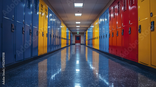 Colorful lockers line school hallway, creating vibrant and inviting atmosphere