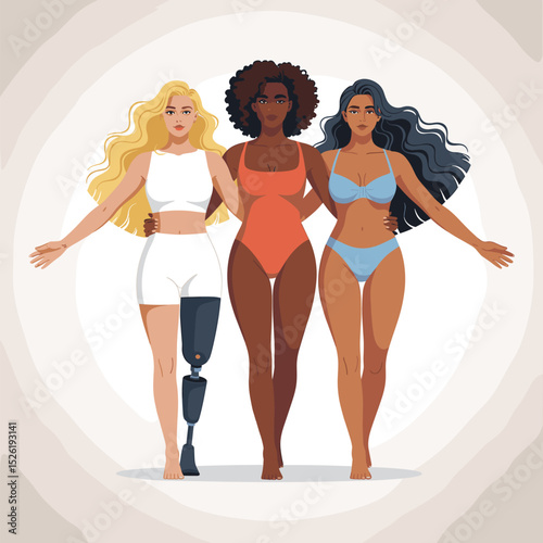 Diverse group of confident women in swimwear celebrating body positivity and inclusivity, illustrated concept of empowerment and beauty in all forms
