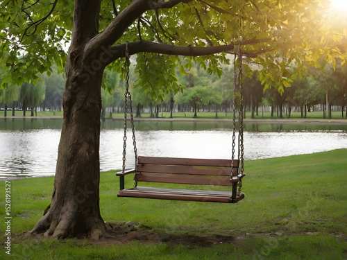 Swing under a tree , wooden swing	