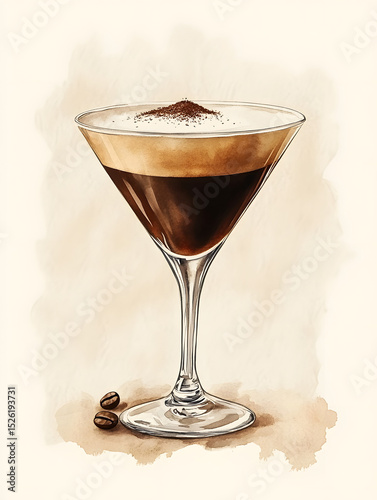 watercolor illustration shows espresso martini cocktail martini glass topped coffee foam cocoa