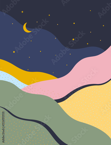 Modern card with colorful dunes and starry sky. Minimalist background for card, banner, poster, cover, flyer.