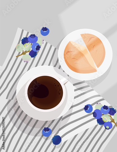 Cup of coffee, bun and blue berries. Serving morning coffee with sunlight.