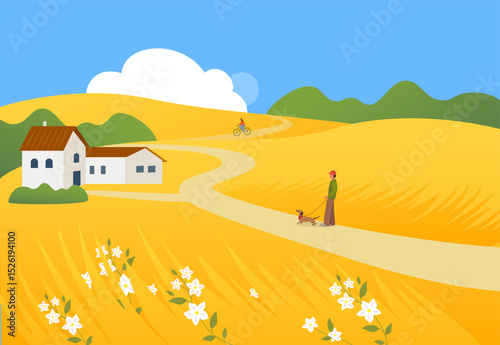 Yellow fields with white flowers and houses against a blue sky. A man walks with a dachshund.