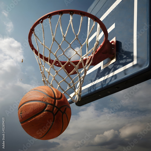 basketball hoop and ball in the park on blue sky background	