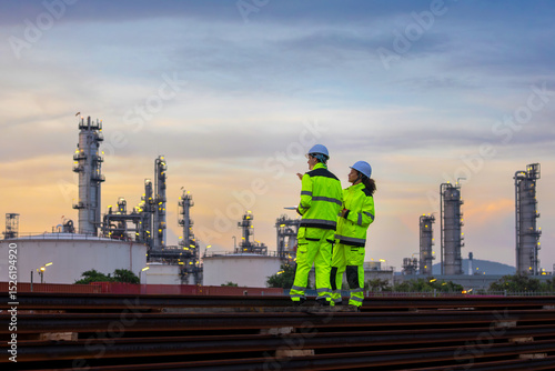 Industrial Engineers Observing Oil Refinery at Sunset, Workers in High Visibility Gear Monitoring Petrochemical Plant, Safety Engineers Surveying Refinery Operations