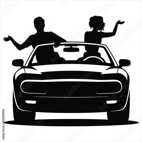 a convertible car with the roof down simple, clean solid black shapes one man driving and one woman sitting beside him