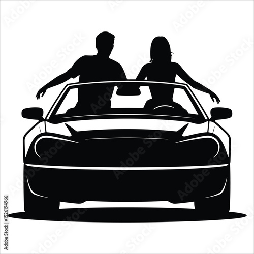 a convertible car with the roof down simple, clean solid black shapes one man driving and one woman sitting beside him