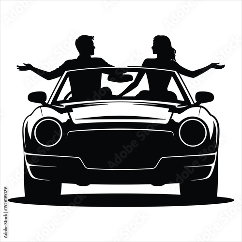 a convertible car with the roof down simple, clean solid black shapes one man driving and one woman sitting beside him