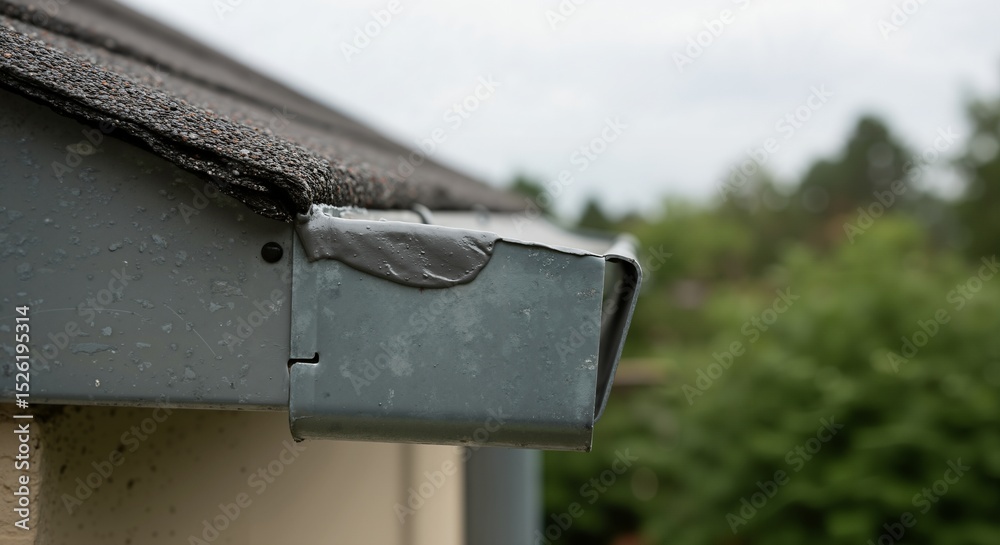 Close-up of a grey metal roof gutter with asphalt shingles on a residential building. Rainwater drainage system detail on house exterior. Close-up of a grey metal roof gutter with asphalt shingles on a residential building. Rainwater drainage system detail on house exterior.