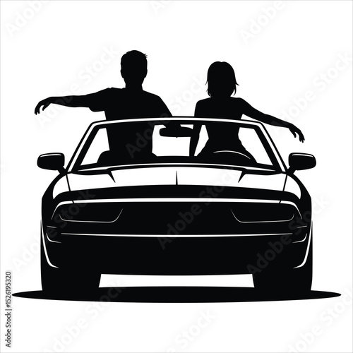 a convertible car with the roof down simple, clean solid black shapes one man driving and one woman sitting beside him