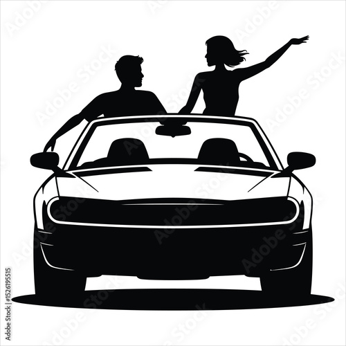 a convertible car with the roof down simple, clean solid black shapes one man driving and one woman sitting beside him