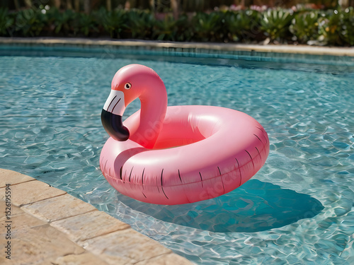 Inflatable pink flamingo toy floating in a pool
