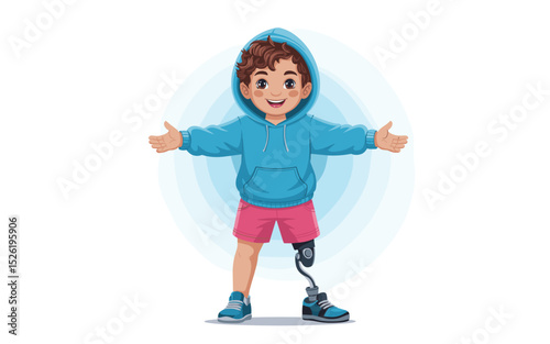 Happy cartoon boy with prosthetic leg smiling with open arms, illustration promoting disability inclusion and joy
