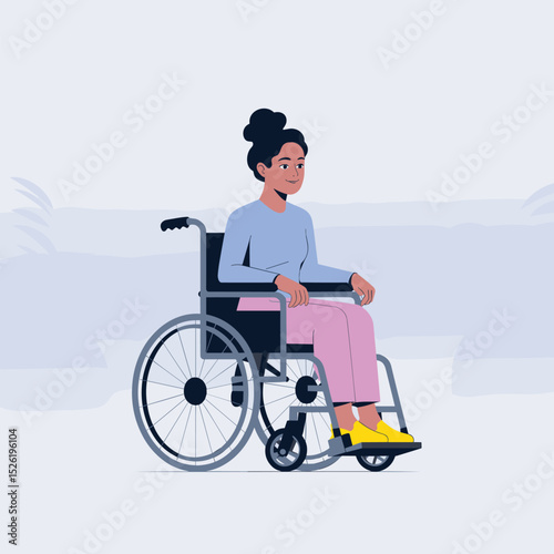 Young woman sitting calmly in a wheelchair, flat style illustration promoting disability inclusion and accessibility
