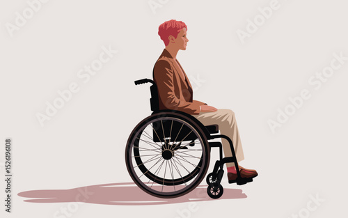 Young woman sitting calmly in a wheelchair, flat style illustration promoting disability inclusion and accessibility
