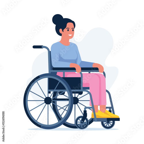 Young woman sitting calmly in a wheelchair, flat style illustration promoting disability inclusion and accessibility
