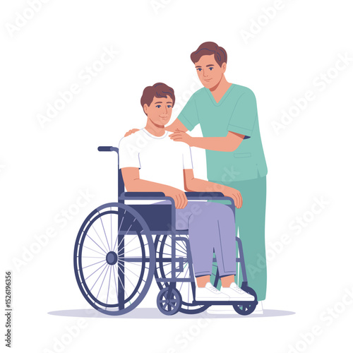 Cartoon nurse providing care to young man in wheelchair, concept of medical support and rehabilitation
