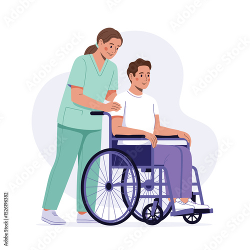 Cartoon nurse providing care to young man in wheelchair, concept of medical support and rehabilitation
