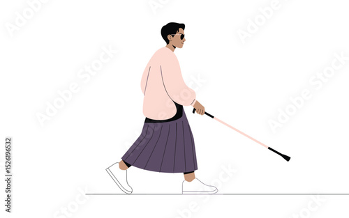 Stylish blind woman walking with white cane and sunglasses, minimalist flat design concept of independence and accessibility

