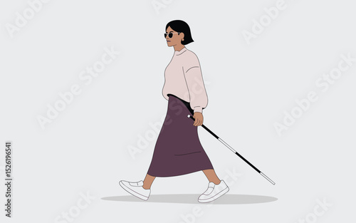Stylish blind woman walking with white cane and sunglasses, minimalist flat design concept of independence and accessibility
